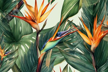 Strelitzia flower pattern with exotic leaves, hummingbird, vintage watercolor illustration for luxurious wallpaper or fabric. Generative AI