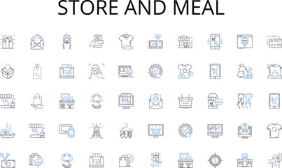 Store and meal line icons collection. Food, Cuisine, Delicacies, Gastronomy, Snacks, Desserts, Beverages vector and linear illustration. Appetizers,Treats,Nourishment outline signs set Generative AI