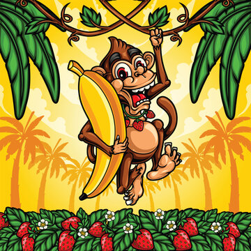 cartoon monkey hanging with banana