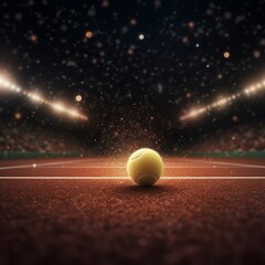 Tennis ball with diffuse background of a tennis Court  and glowing small stars. Made with Generative AI.