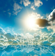 A beautiful sky full of blue and white clouds and sun. Generative, ai