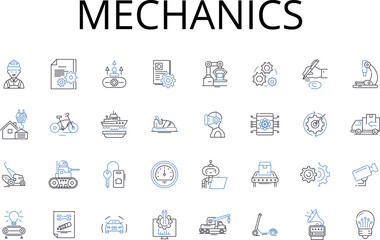 Mechanics line icons collection. Physics, Dynamics, Kinetics, Motion, Movement, Force, Energy vector and linear illustration. Work,Newton's laws,Gravitation outline signs set Generative AI