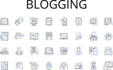 Fototapeta na wymiar Blogging line icons collection. Vlogging, Socializing, Podcasting, Article writing, Content creating, Journaling, Online writing vector and linear illustration. Digital Generative AI