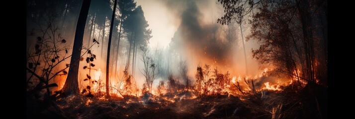 A dramatic and atmospheric image of a wildfire raging through a forest, with flames licking at the trees and smoke obscuring the sky, concept of Natural disaster, created with Generative AI technology - obrazy, fototapety, plakaty
