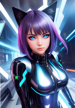 Pretty catgirl with piercing neon blue eyes in a tight silver suit, Generative AI