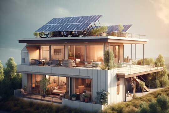 House solar power with battery storage illustration. Generative AI