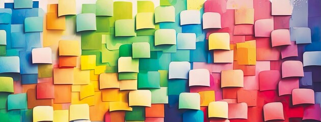 colorful post-its on a wall, abstract, rainbow colors, copy space, watercolor illustration for background banner. Generative AI - obrazy, fototapety, plakaty