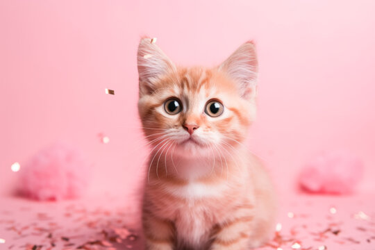 Cute little red kitten, portrait, bright pink background with flying confetti. Template for postcard, layout with copy space,