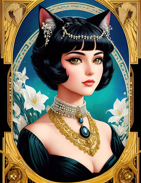 Portrait of a stunning catgirl in an Art Deco style, Generative AI