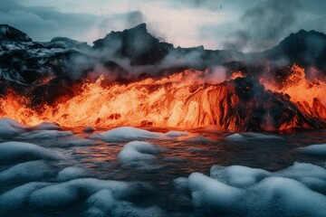 Blazing flames on icy tundra, battle between water and fire, volcanic chaos. Generative AI
