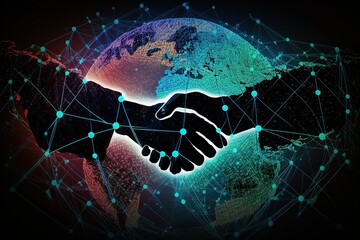 The image represents the global business world, where digital marketing and teamwork play a vital role in the success of organizations. In the foreground, two successful business partners are shaking 