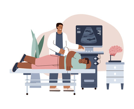 Doctor doing ultrasound diagnostic for patient flat illustration isolated.