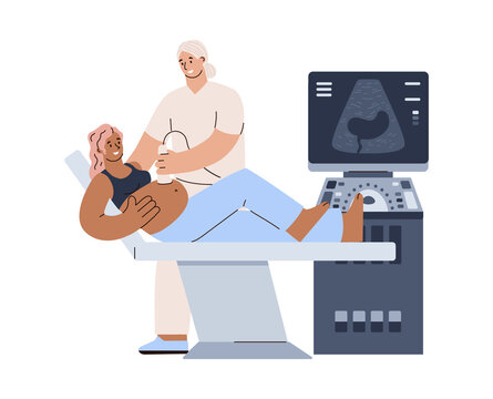 Pregnancy ultrasound or sonogram examination flat illustration isolated.