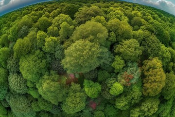 Vibrant panoramic vista: packed treetops in green woodland- aerial scenery of scaled world (3d digital image). Generative AI