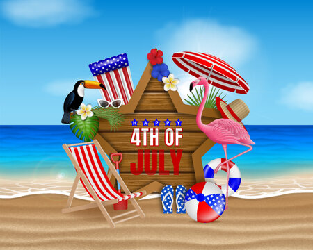 4th of july beach party poster. american independence background with star shaped signboard and inflatables on beach landscape
