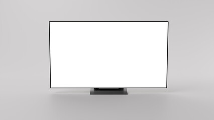 3D Redering of Smart TV with blank screen in front of white backdrop.