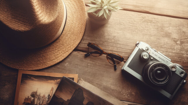 Reisehintergrund im Vintage Stil mit Hut, Sonnenbrille, Postkarten und analog Kamera, Stillleben, Generative AI