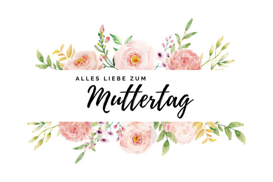 Alles Liebe zum Muttertag Schriftzug mit rosa Blumen gezeichnet mit Wasserfarbe auf transparentem Hintergrund. Gl&uuml;ckwunschkarte. 