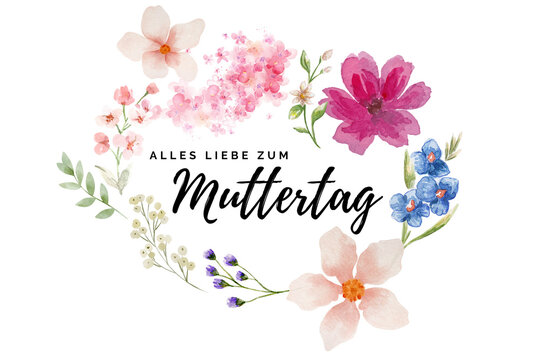 Alles Liebe zum Muttertag Schriftzug mit Blumenkranz mit rosa, pinken, blauen, weissen und lila Blumen gezeichnet mit Wasserfarbe auf transparentem Hintergrund. Glückwunschkarte. 