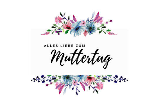 Alles Liebe zum Muttertag Schriftzug mit blauen, violetten und pinken Blumen gezeichnet mit Wasserfarbe auf transparentem Hintergrund. Glückwunschkarte. 