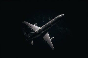 Fototapeta na wymiar Minimalist travel design featuring a plane on a dark background. Space for customization. Generative AI