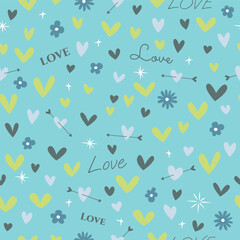 Seamless pattern with cute yellow and gray doodle style hearts, flowers and love phrase on a blue background. Valentine's day vector illustration.