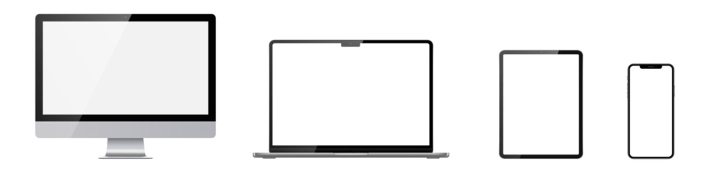 Set of monitor, laptop, tablet, phone on transparent background with white transparent screen. Vector illustration. 