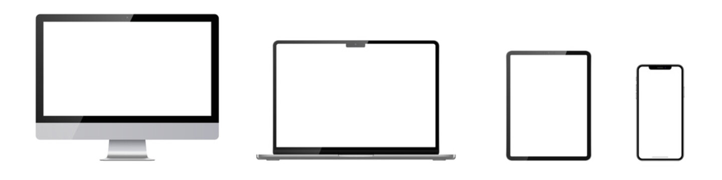 Set of monitor, laptop, tablet, phone on transparent background with white transparent screen. Png illustration.