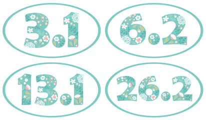 A set of pretty oval race distance numbers in floral pattern
