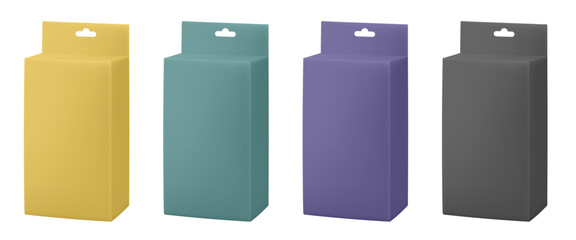 Set of paper packaging boxes with hanging hole. Blank product package mockup. Gold, green, purple and black packs.