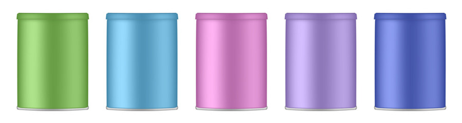 Set of aluminium canisters. Green, blue, pink, purple and blue tin containers. Tea or cookie jar. Round box for sugar or flour	