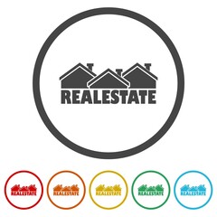 Logo for real estate company or agency. Set icons in color circle buttons