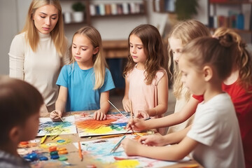 Fototapeta premium Photo of young children engaged in a group activity at a table