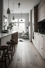 Modern livingroom interior nordic feeling home plants minimalistic style fire place loft, Generative AI, Generativ, KI
