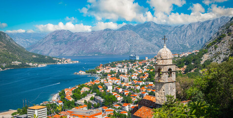 Panoramic landscape with old church in Kotor, Montenegro.