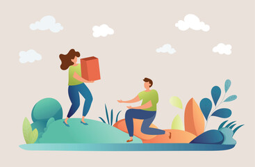 Happy woman cleaning up city street. Young ecologist, volunteer or eco activist picking up and disposing garbage in park. Community service work. Flat cartoon vector illustration.