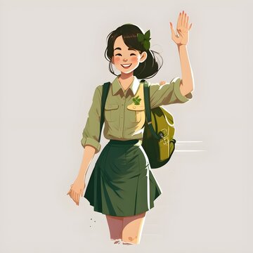 Vietnamese highschool female student green shirt cute and happy face energetic waving hand full body realistic 