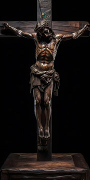 wooden crucifix, with detail of jesus christ on wood carving on black background. Wallpaper. AI Generated