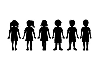 Group of children standing in a row black silhouette vector. Little boys and girls silhouette icon set vector isolated on a white background