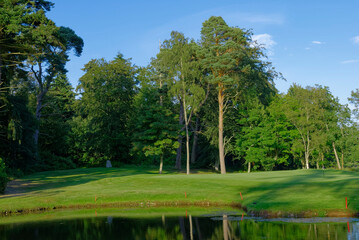 The Green of Hole 8 near to the pond on the Letham Grange Old Course with its magnificent Trees casting shadows across the Course.