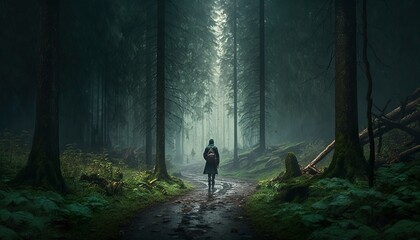 walking in the forest foggy weather mud rainy day design illustration