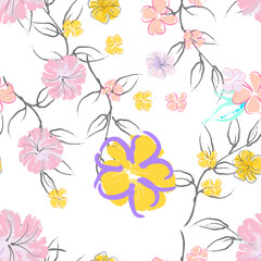 Pink Flowers Blooming Pattern. Pastel Watercolor.