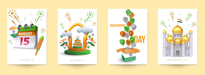 Set template design for independence day India. Collection creative festival composition in modern minimal 3d style. Holiday concept design for card, cover, poster, banner, flyer. Vector illustration.