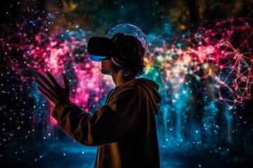 Obraz na płótnie Canvas Exploring a virtual world in the Metaverse, a person wearing a VR headset is surrounded by glowing neon lights and particles, amidst a blend of nature and technology. Generative Ai