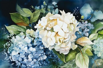 Watercolor painting of blue and white jasmine, hydrangea, and rose flowers for a wedding. Generative AI