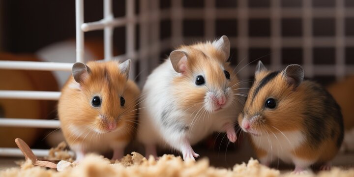 A family of hamsters playing and climbing in their cage, concept of Pet Care, created with Generative AI technology