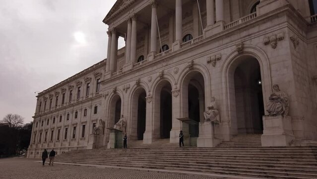 Lisbon, Portugal, February 19, 2023: National Republican Guard, GNR, sentry at the Sao Bento Palace, the seat of the Assembly of the Portuguese Republic, the parliament of Portugal.