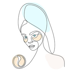 Woman's face with patches under the eyes. Personal care, skin care, beauty treatments. One line drawing