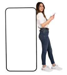 Mobile application banner, full body length view woman leaning huge smartphone with empty blank screen mockup. Isolated transparent png image. Using mobile phone, looking camera. Teen lady. - obrazy, fototapety, plakaty