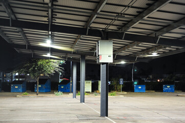 Overview of solar carport canopies installed over parking lot spaces